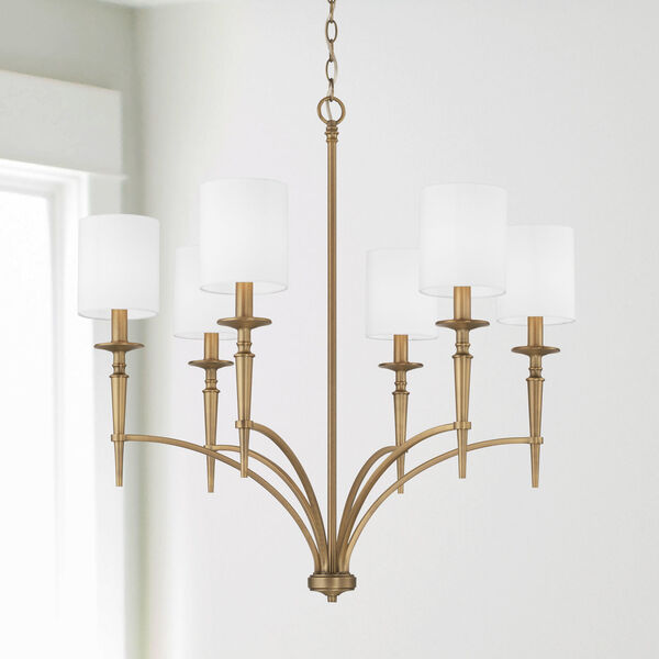 Abbie Aged Brass Six-Light Chandelier with White Fabric Stay Straight Shades, image 2