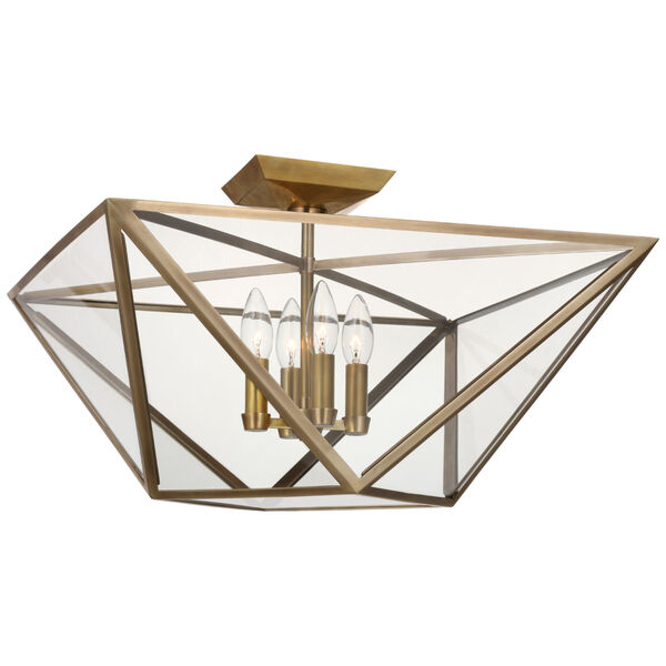 Lorino Large Semi-Flush Mount in Hand-Rubbed Antique Brass with Clear Glass by Julie Neill, image 1