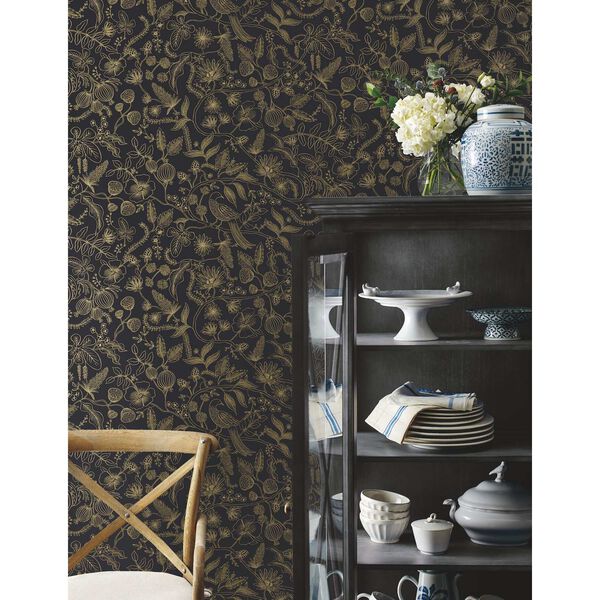 Aviary Black and Gold Peel and Stick Wallpaper, image 1