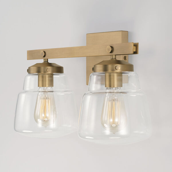 Dillon Aged Brass Two-Light Bath Vanity with Clear Glass Shades, image 4