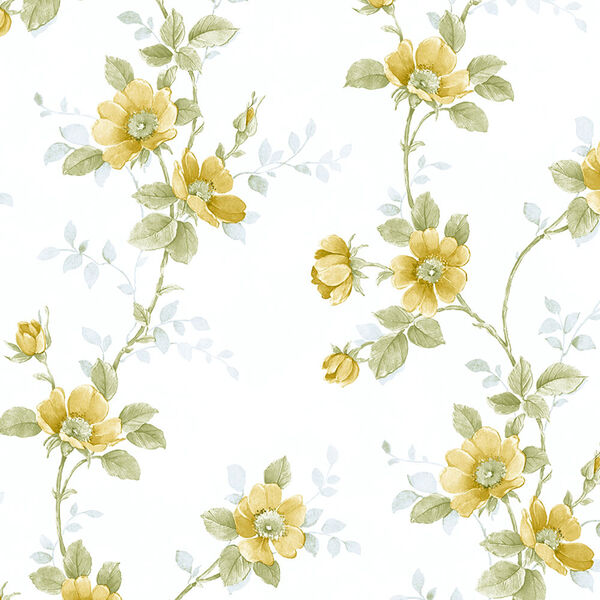 Poppy Yellow, Green and Blue Floral Wallpaper - SAMPLE SWATCH ONLY, image 1