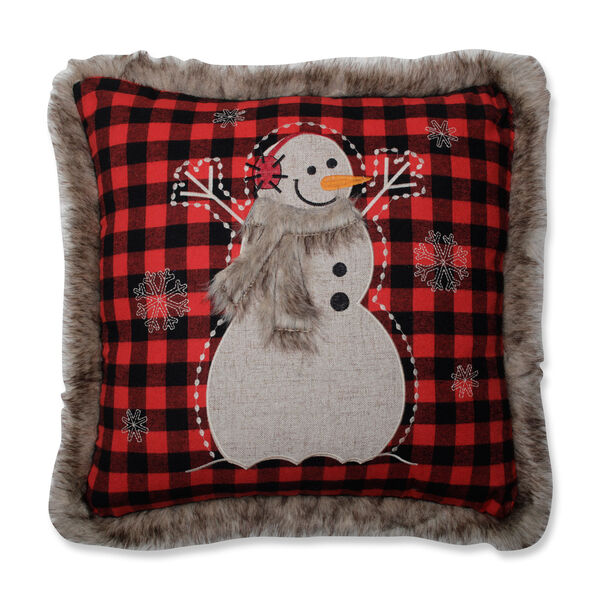 Fur Snowman Square Red/Black 18-Inch Throw Pillow, image 1