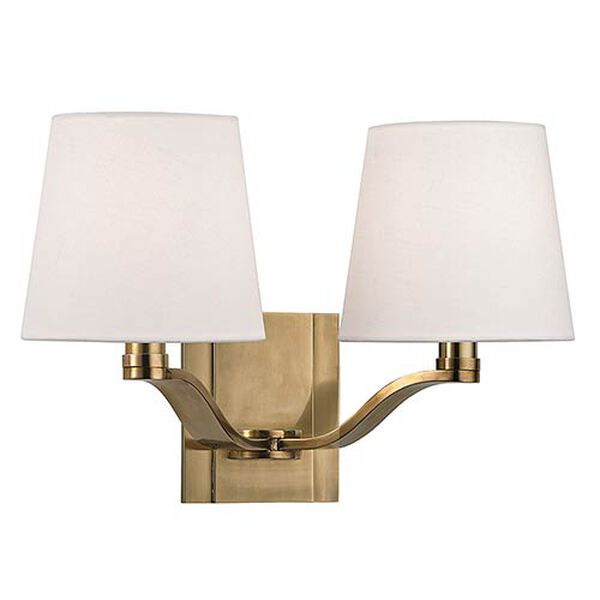 Clayton Aged Brass Two-Light Wall Sconce with Linen Shade, image 1