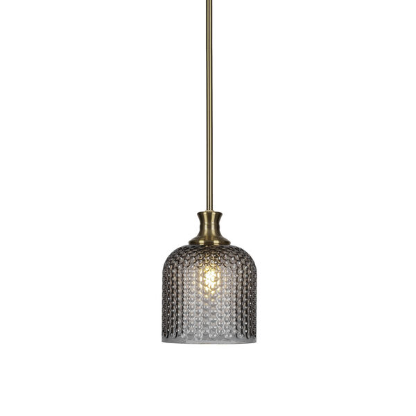 Zola New Age Brass Seven-Inch One-Light Stem Hung Mini Pendant with Smoke Textured Glass Shade, image 1