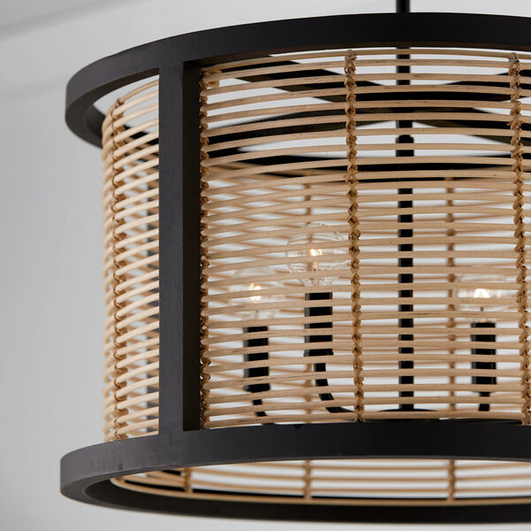 Rico Flat Black Four-Light Pendant Made with Handcrafted Mango Wood and Rattan, image 4