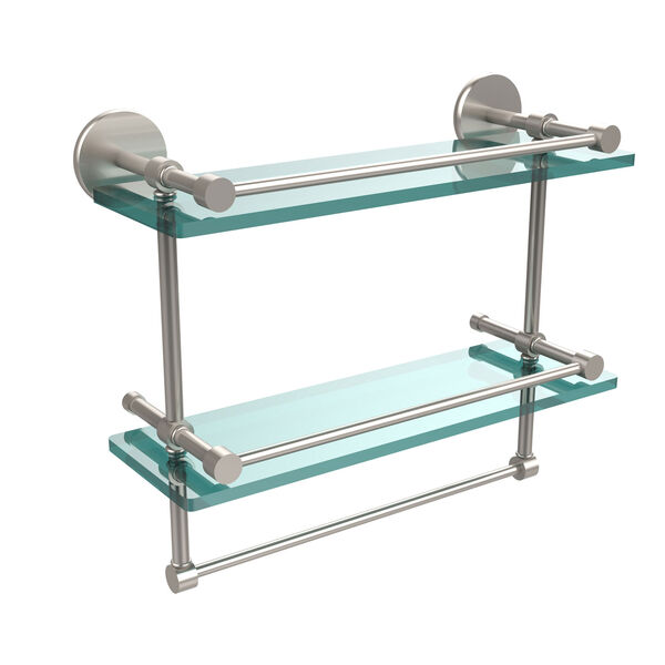 16 Inch Gallery Double Glass Shelf with Towel Bar, Satin Nickel, image 1