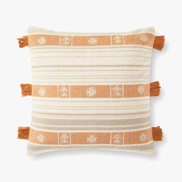 Natural and Orange Striped Fringed Accent Pillow, image 1