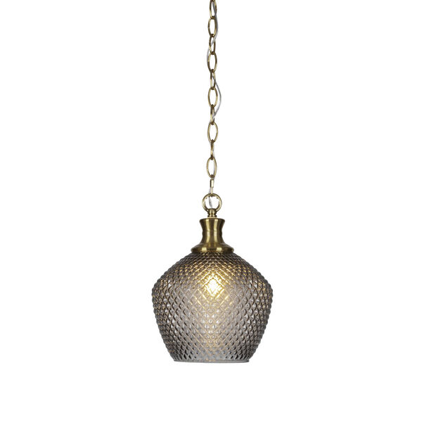 Zola New Age Brass Nine-Inch One-Light Chain Hung Mini Pendant with Smoke Textured Glass Shade, image 1