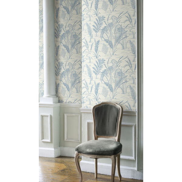 Grandmillennial Blue Fernwater Cranes Pre Pasted Wallpaper, image 1