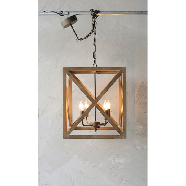 Metal and Wood Four-Light Chandelier, image 2