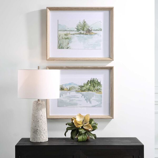 Serene Gray White Lake Framed Prints Wall Art, Set Of Two, image 1