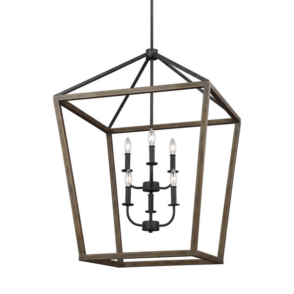 Gannet Weathered Oak Wood and Antique Forged Iron 26-Inch Six-Light Pendant, image 4