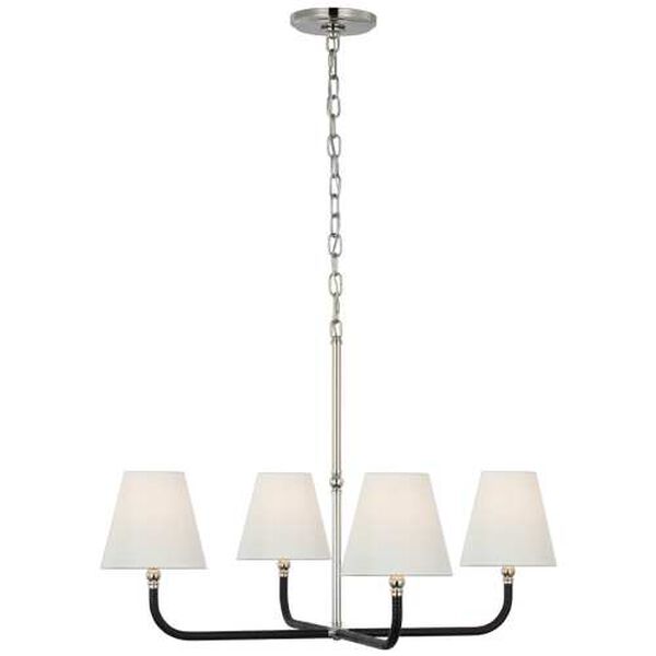 Basden Polished Nickel and Black Four-Light Medium Chandelier with Linen Shades by Chapman and Myers, image 1