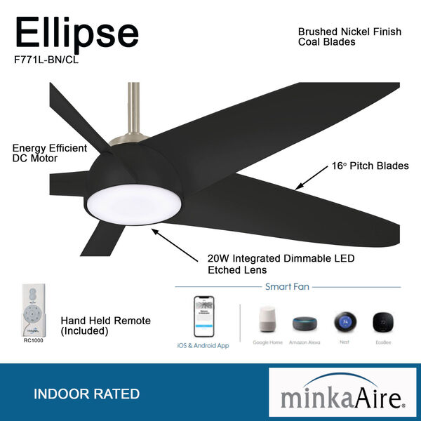 Ellipse Brushed Nickel with Coal 60-Inch LED Smart Ceiling Fan, image 3
