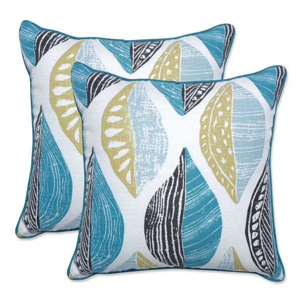 Leaf Block Teal and Citron 17-Inch Throw Pillow, Set of Two, image 1