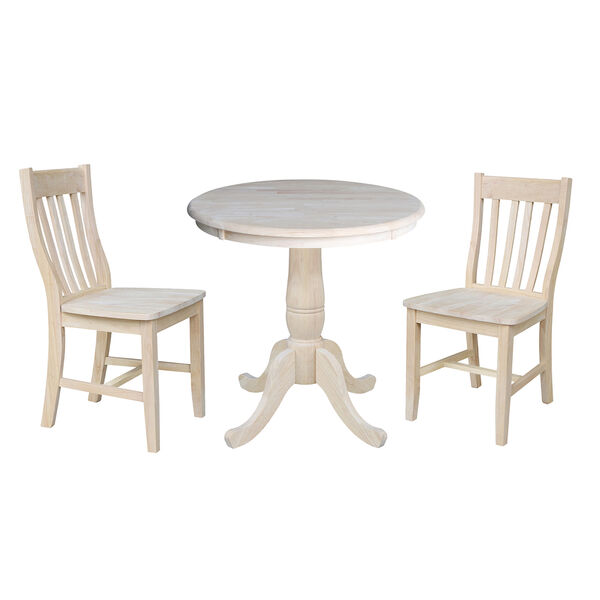 Unfinished 30-Inch Curved Pedestal Dining Table with Two Cafe Chairs, image 1