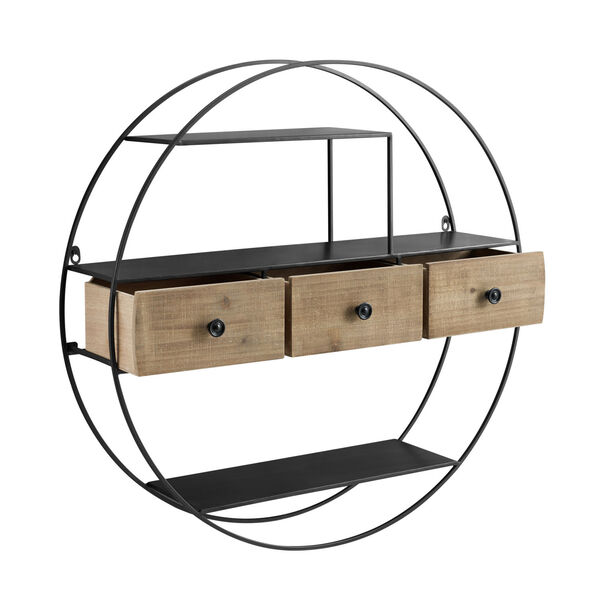 Kobe Black and Natural Wood Round Wall Shelf with Three Drawer, image 6
