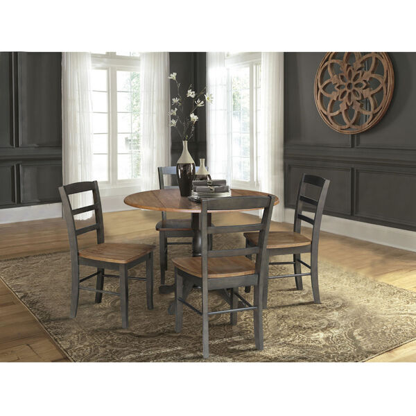 Hickory and Washed Coal 42-Inch Dual Drop Leaf Pedestal Dining Table with Four Ladderback Chair, Five-Piece, image 1