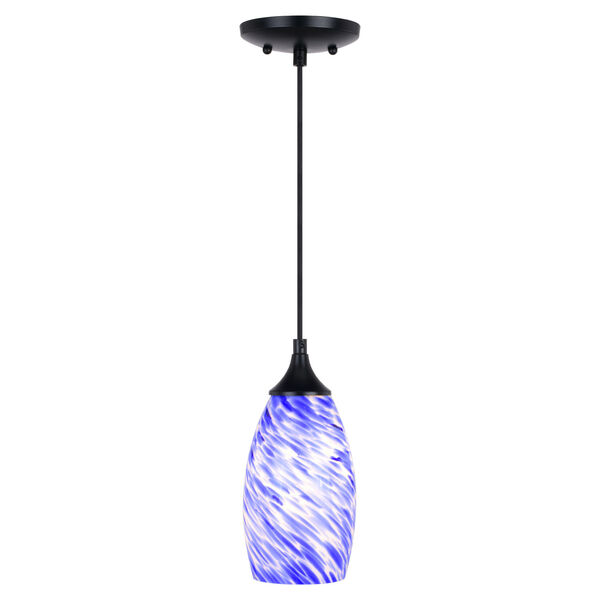 Milano Matte Black One-Light Mini Pendant with Blue Swirl Art Glass, image 1