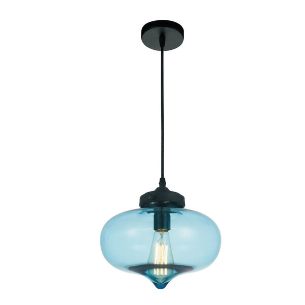 Black One-Light 8-Inch Pendant with Blue Glass, image 1