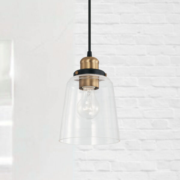 Fallon Aged Brass and Black One-Light Mini Pendant with Clear Glass Shade and Braided Cord, image 2