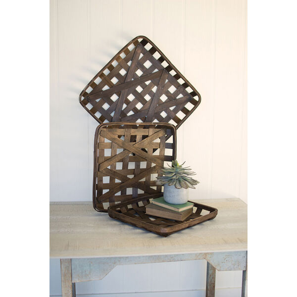 Set of 3 Dark Brown Square Woven Split Wood Baskets, image 1