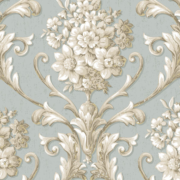 Floral Damask Blue, Beige and Metallic Gold Wallpaper - SAMPLE SWATCH ONLY, image 1