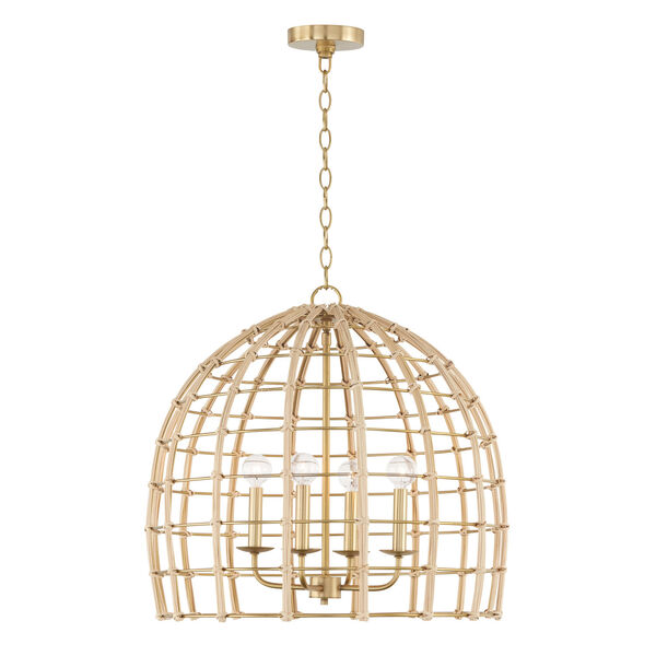 Wren Matte Brass Four-Light Pendant Made with Handcrafted Rattan, image 1
