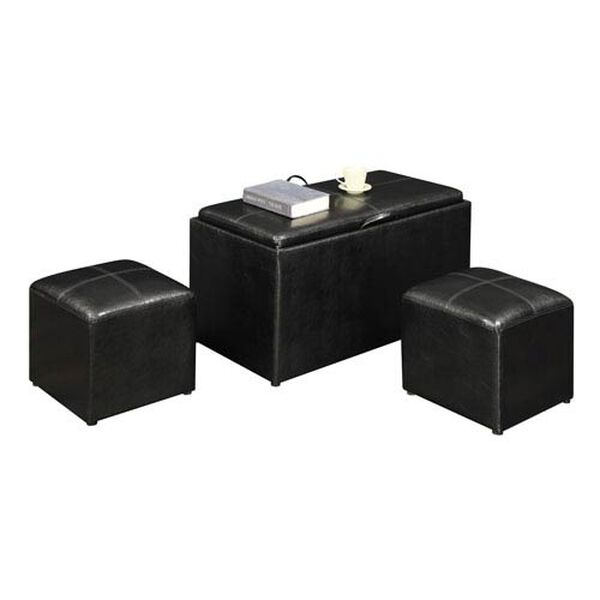 Designs4Comfort Black Faux Leather Sheridan Storage Bench with Two Side Ottomans, image 2