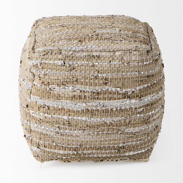 Aadhya Taupe and Silver Leather and Cotton Pouf, image 2