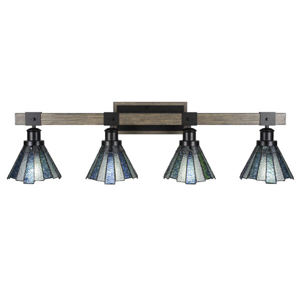 Tacoma Matte Black and Distressed Wood-lock Metal 38-Inch Four-Light Bath Light with Sea Ice Art Glass Shade, image 1