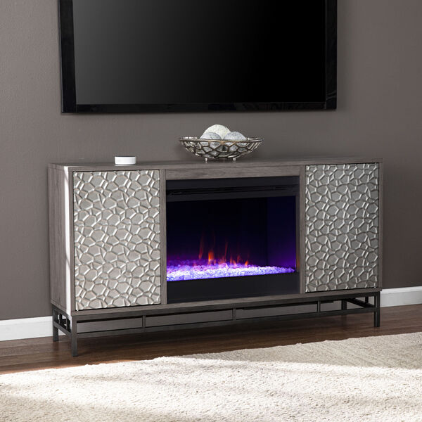 Hollesborne Gray and gunmetal gray Color Changing Fireplace with Media Storage, image 4