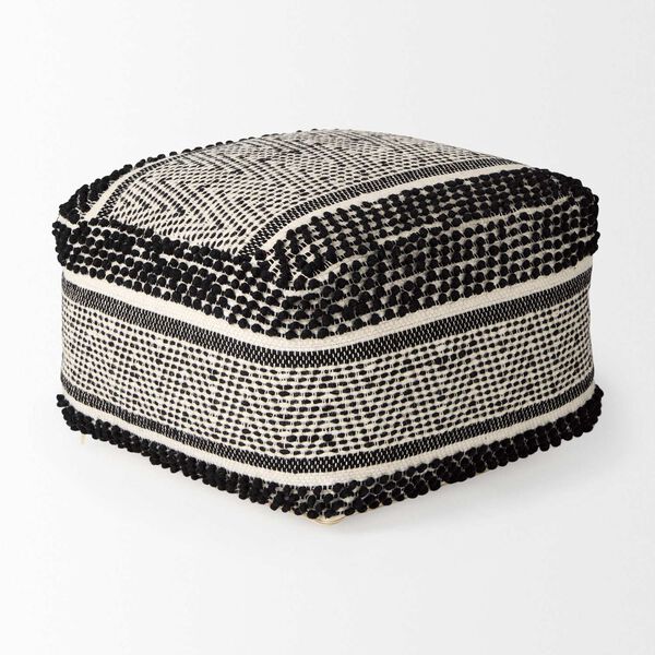 Garima Black and White Wool and Cotton Patterned Pouf, image 3