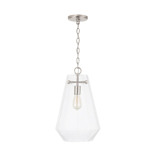 Brushed Nickel One-Light Pendant with Clear Prismatic Glass, image 1