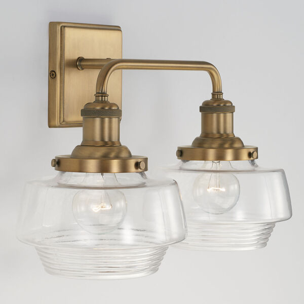Miller Aged Brass Two-Light Bath Vanity with Clear Ribbed Glass Shades, image 4