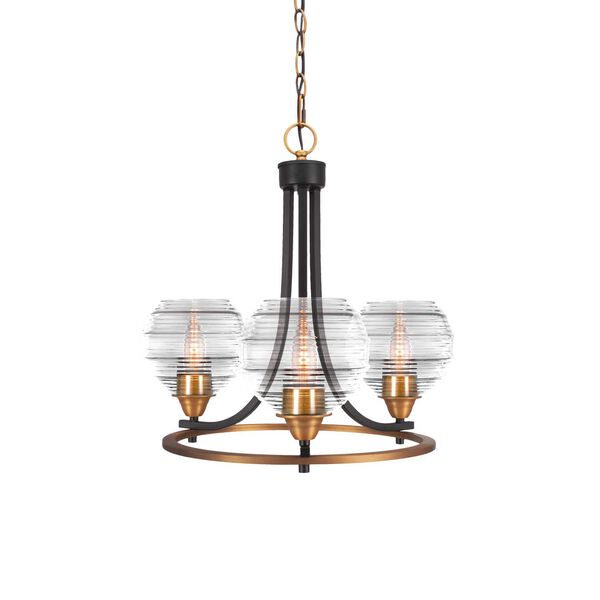 Paramount Matte Black Brass Three-Light Chandelier with Six-Inch Clear Ribbed Glass, image 1