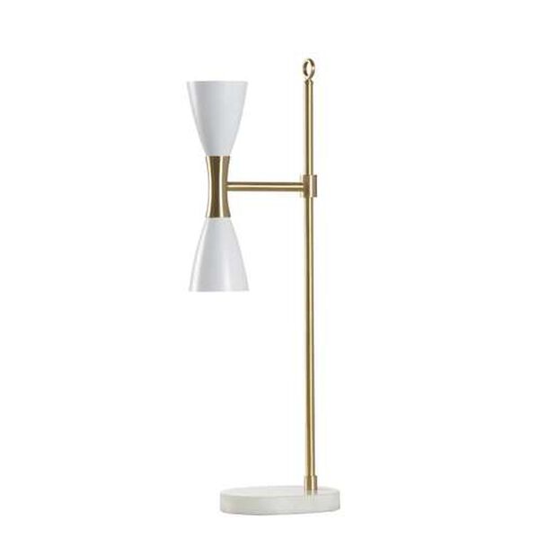 Antique Brass and White Two-Light Desk Lamp, image 1