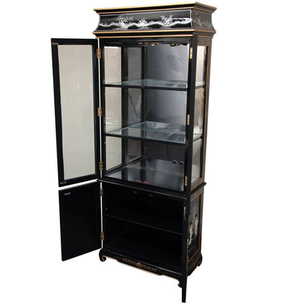 Lacquer Curio Cabinet - Black Mother of Pearl Ladies, Width - 28.5 Inches, image 2