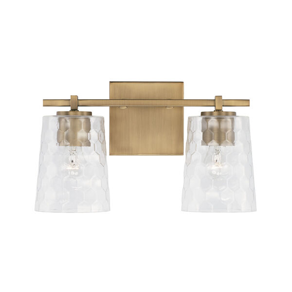Burke Aged Brass Two-Light Bath Vanity with Clear Honeycomb Glass Shades, image 2