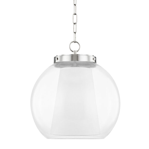 Sasha Polished Nickel 17-Inch LED Globe Pendant with Belgian Linen Inner Shade, image 1