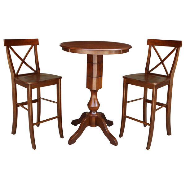 Espresso 30-Inch Round Top Pedestal Bar Height Table with Stools, 3-Piece, image 1