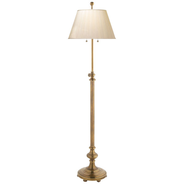 Overseas Adjustable Club Floor Lamp in Antique-Burnished Brass with Silk Pleated Shade by Chapman and Myers, image 1