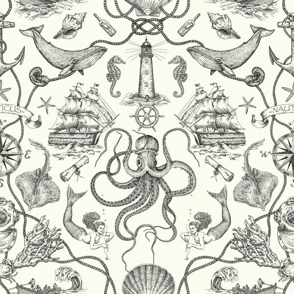 Tailored White and Black Toile Wallpaper, image 1