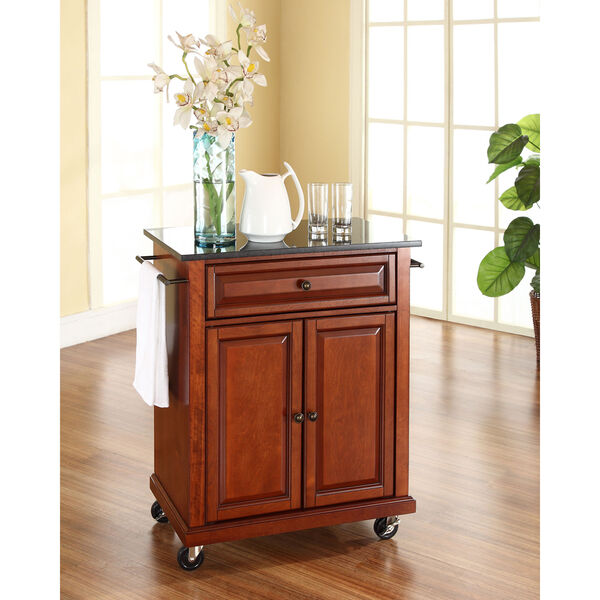Solid Black Granite Top Portable Kitchen Cart/Island in Classic Cherry Finish, image 3