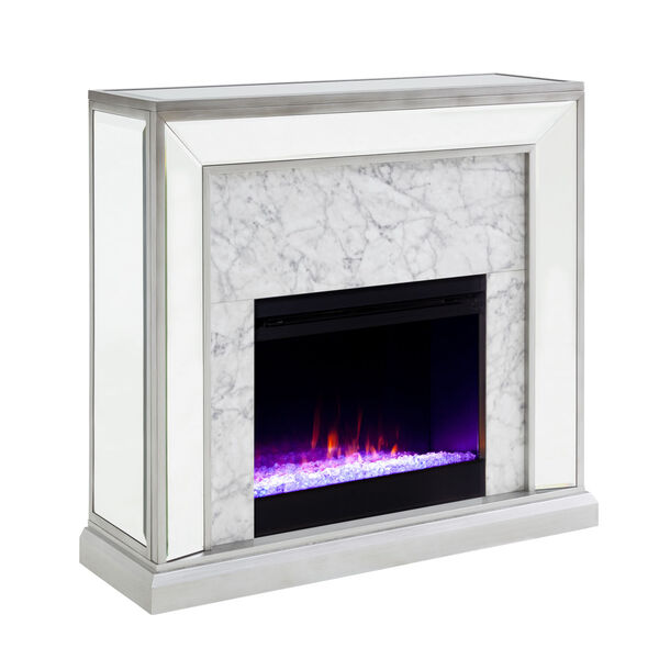 Trandling Antique Silver Mirrored Faux Stone Electric Fireplace with Color Changing Firebox, image 5