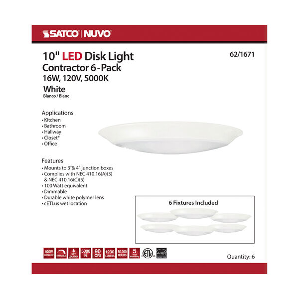 White 10-Inch 5000K Integrated LED Disk Light, Set of Six, image 4