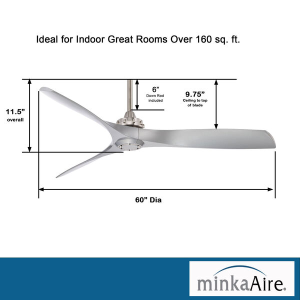 Aviation 60-Inch Ceiling Fan in Brushed Nickel with Three Silver Blades, image 8