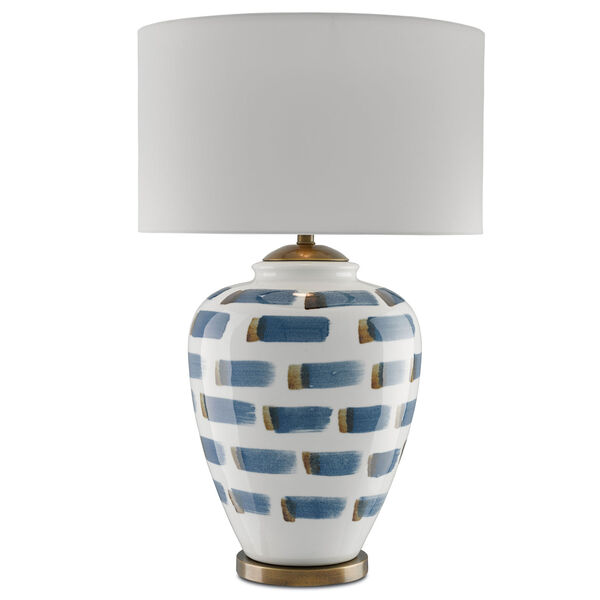 Brushstroke White and Blue and Antique Brass One-Light Table Lamp, image 2