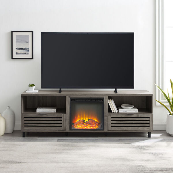 Slate Grey Pull-Down Slat Door Fireplace TV Stand, image 4
