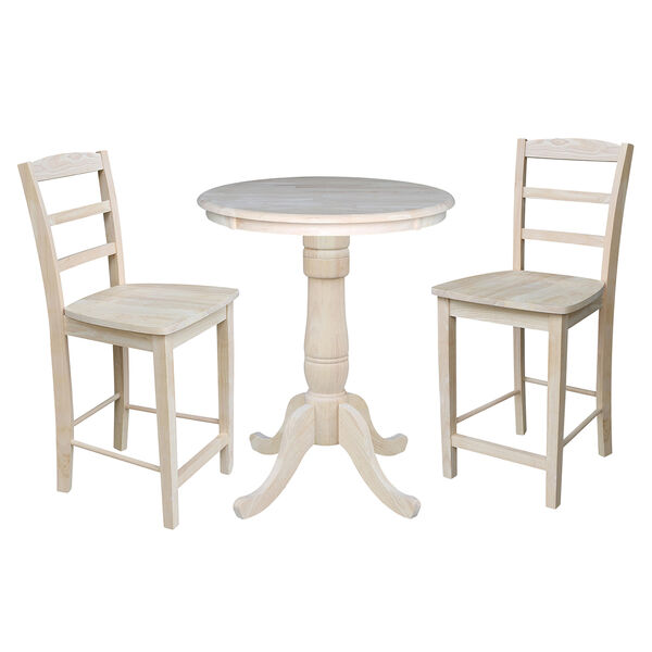 Unfinished 30-Inch Curved Pedestal Counter Height Table with Two Madrid Stools, image 1